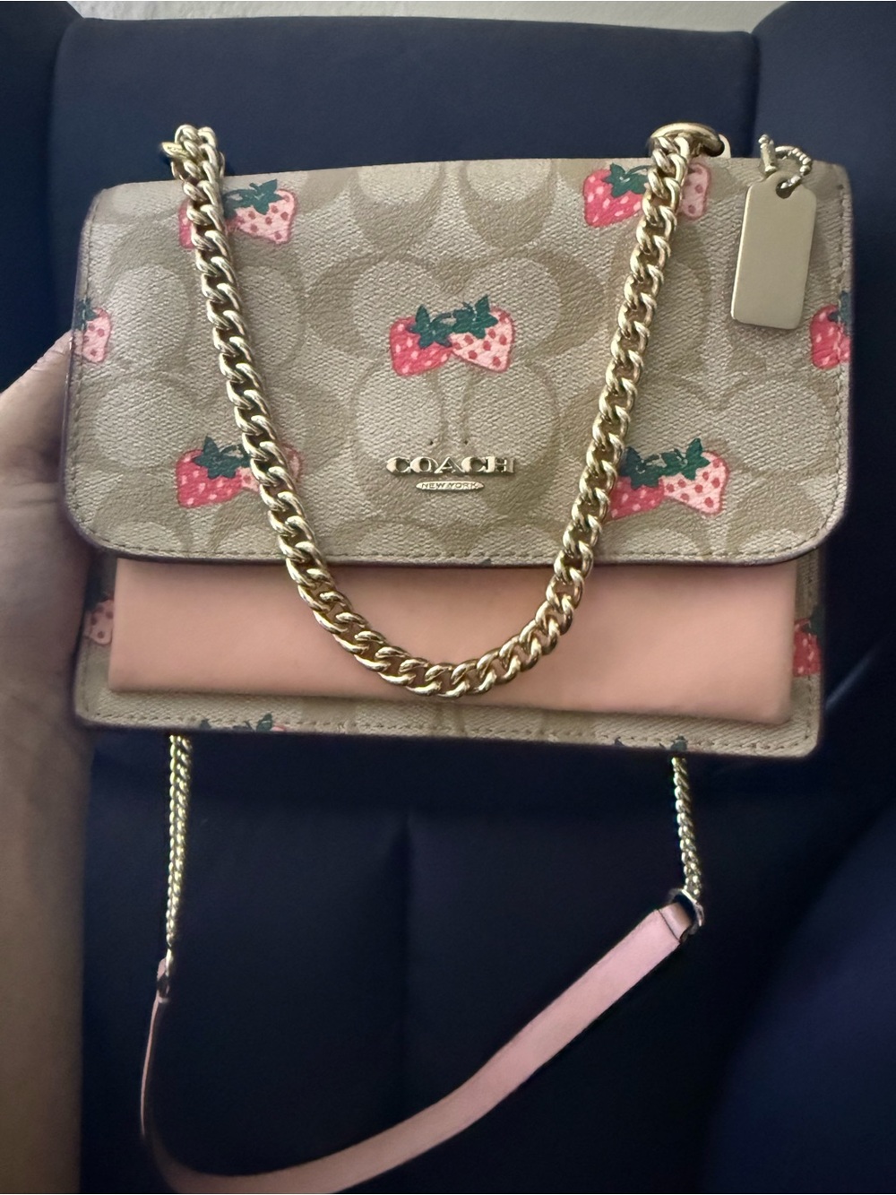 Coach Beige Signature Strawberry Print Chain Crossbody with Pink Accents
